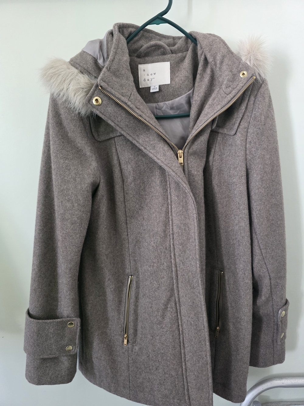 a new day Taupe Hooded Wool-Blend Pea Coat with Faux Fur Trim and Gold Hardware